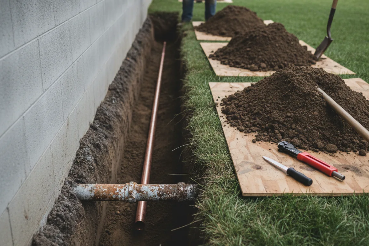 Excavated water line trench during Water Heater Repair in Efland
